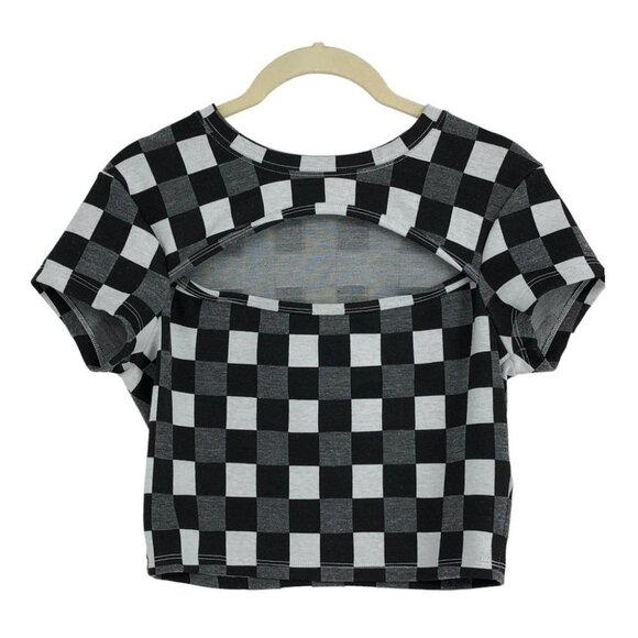 BP by Nordstrom Black White & Grey Gingham Checker Cutout Crop Top Shortsleeve S - Picture 2 of 16